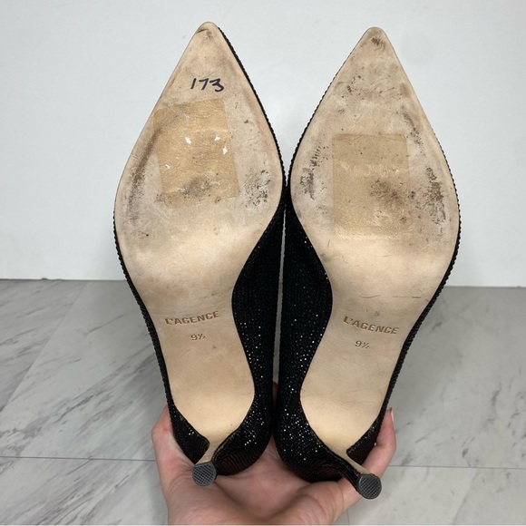 L’agence Mariette Pointy Toe Black Rhinestone Heeled Bootie 9 1/2 - Picture 14 of 15